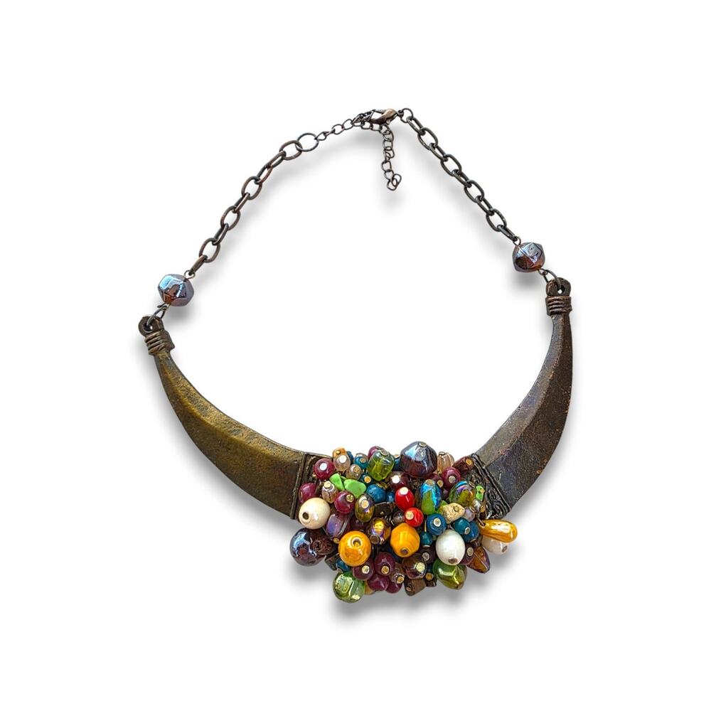 Vintage Boho Wire Choker Necklace Metal, Glass, Ceramic Beads Handmade